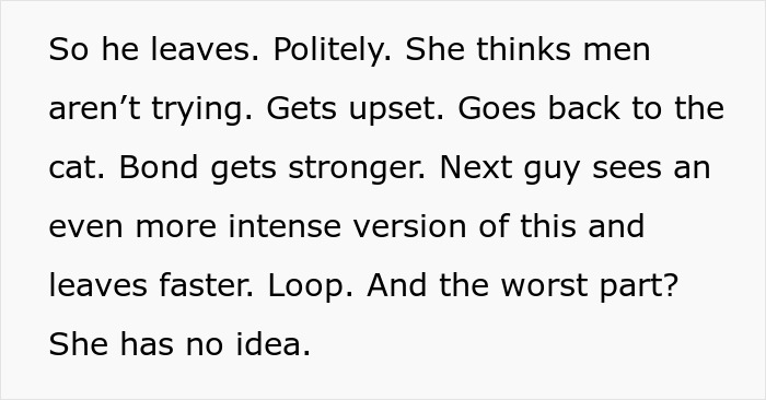 Text describing a woman&rsquo;s repeated pattern of choosing her cat over men, causing romance to fail in a K-Drama style.