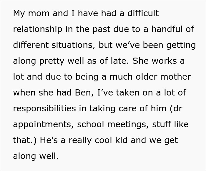 Text on a white background describes a sister's relationship with her mom and caring for her brother.