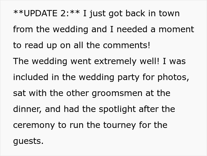 Text update from a wedding guest describing being part of the wedding party and running a tournament after the ceremony.