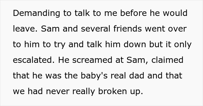 Text excerpt showing a tense confrontation involving an unstable ex, with a pregnant woman cutting off communication.