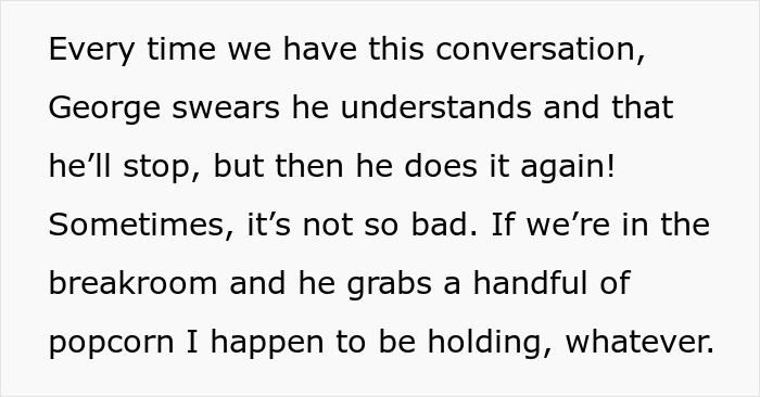 Text about a rude man snatching things without asking, feeling like a child as his coworker berates him.