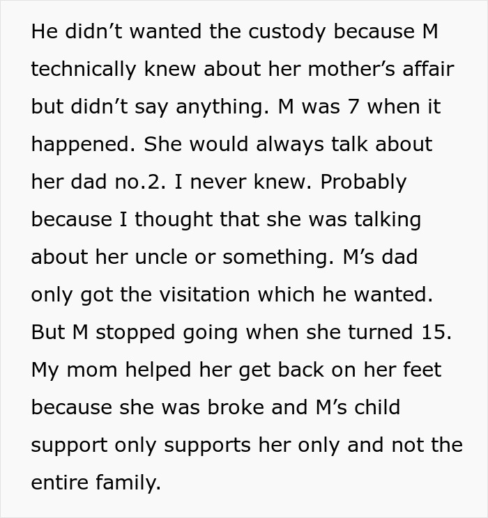 Text excerpt discussing family custody, betrayal, and a mother's support for her daughter after a difficult situation with visitation rights.