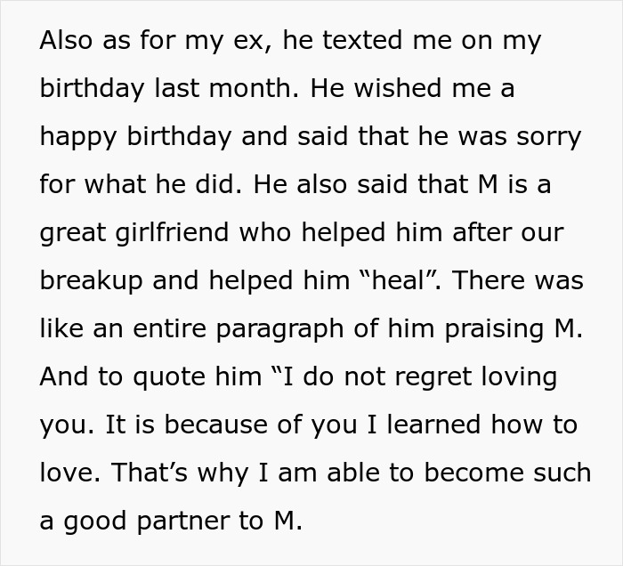 Text message from an ex apologizing and praising new girlfriend after breakup, highlighting friendship and healing.