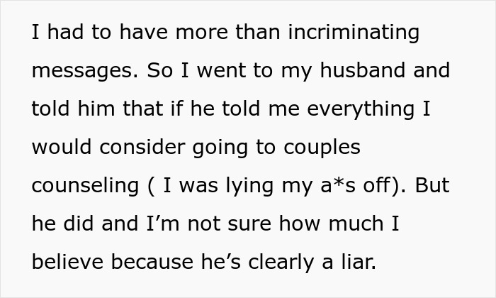 Text on a white background: a woman discovers husband's affair and his lies during their confrontation about the truth.