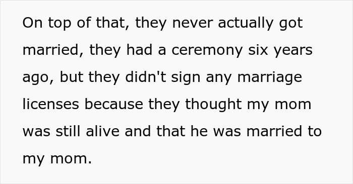 Text excerpt discussing a stepmom not legally married and complications in family inheritance disputes.