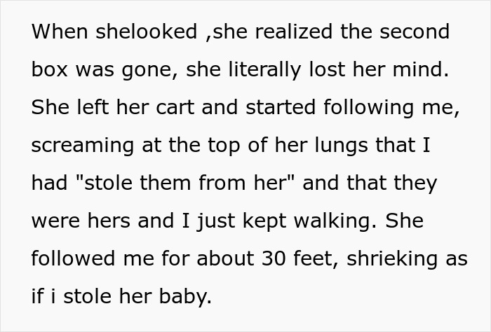 Woman takes bulk items while scalper angrily confronts her, leading to store ban and police involvement. Woman takes bulk items while scalper angrily confronts her, leading to store ban and police involvement.