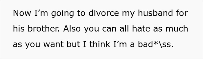 Text message expressing intent to divorce husband for his brother, highlighting revenge and affair evidence themes.