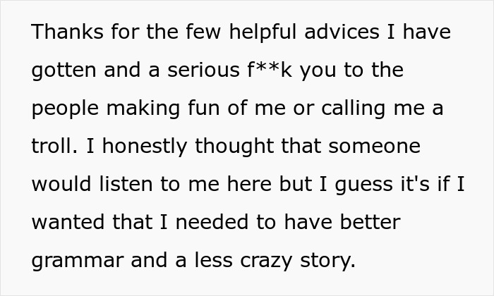 A woman finding her husband's secret wife. A text message expresses anger at unhelpful advice and being called a troll.