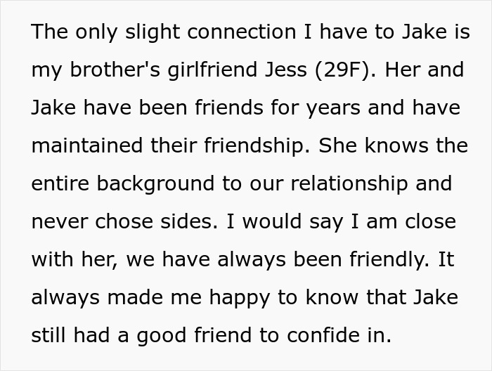 Text excerpt about a woman explaining her connection to Jake and his friendship with her brother&rsquo;s girlfriend Jess.