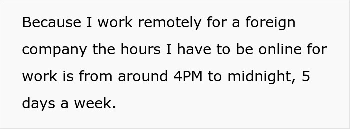 Text on a light gray background describing remote work hours, contributing to a woman's decision to quit the marriage.