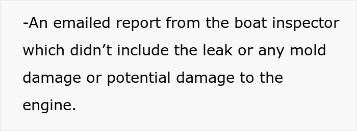 Text stating an emailed boat inspector report missed leak, mold, or engine damage, contributing to wife's friend revenge.