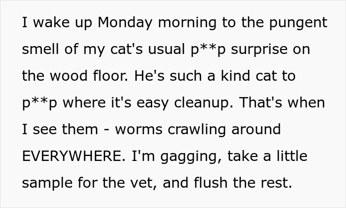 Woman with senior cat discovers tapeworms crawling on floor, causing shock and costly vet visit after bringing cat home.