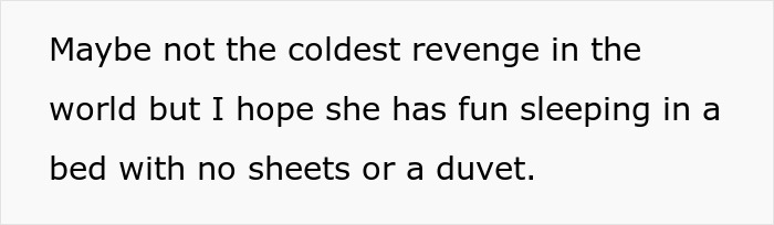 Text describing cold revenge of sleeping without sheets or duvet