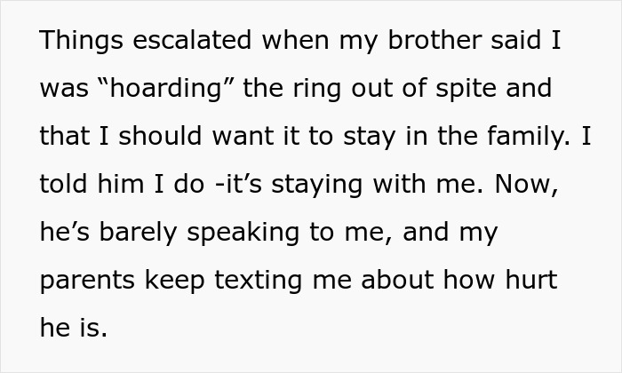 Sibling conflict over beloved heirloom ring causes tension as brother demands it for his proposal and calls sister selfish.