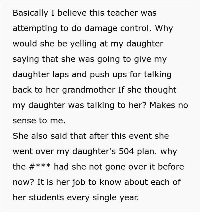 Text describing a teacher&rsquo;s actions leading to controversy after grabbing kids in front of a mom and being called out.
