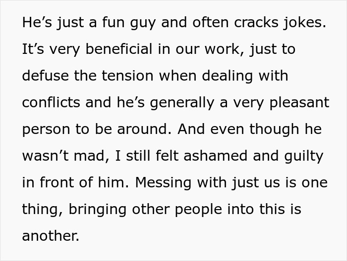 Text excerpt discussing a pleasant, fun person who defuses tension and feelings of shame during conflicts.