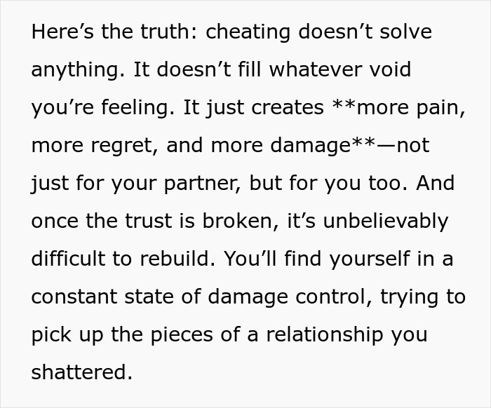 Text excerpt explaining how cheating causes pain, regret, and damage, making trust hard to rebuild in relationships.