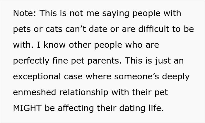 Note explaining that a deeply enmeshed relationship with a cat might affect dating life for some pet owners.