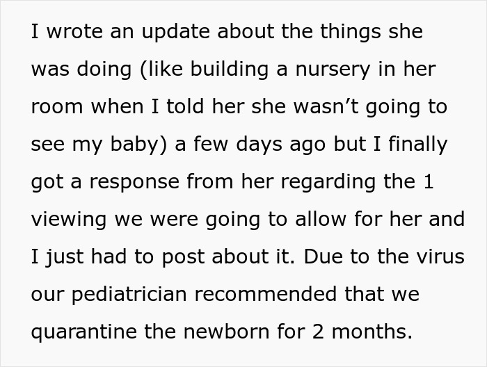 Alt text: Woman shares update on mom&rsquo;s creepy behavior causing shock and concern over her baby and quarantine rules.