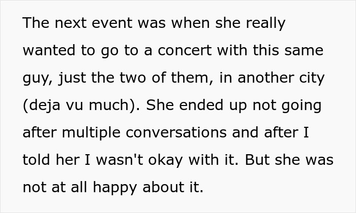 Text describing a man's gut feeling about his wife and male coworker. She wanted to go to a concert with him.