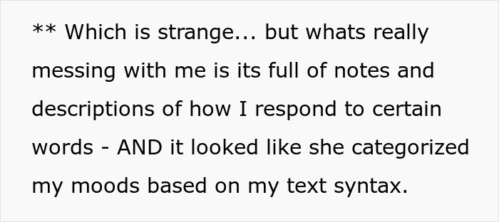 Excerpt of text describing a man feeling like a science experiment due to his girlfriend logging his every word and moods.