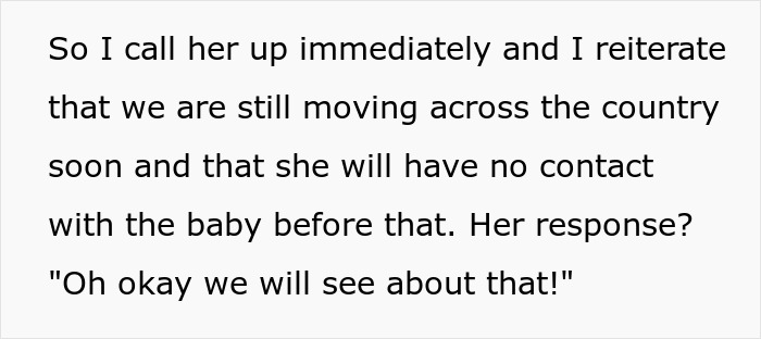 Text conversation showing a mother&rsquo;s creepy behavior causing shock and fear about her contact with the baby before moving.