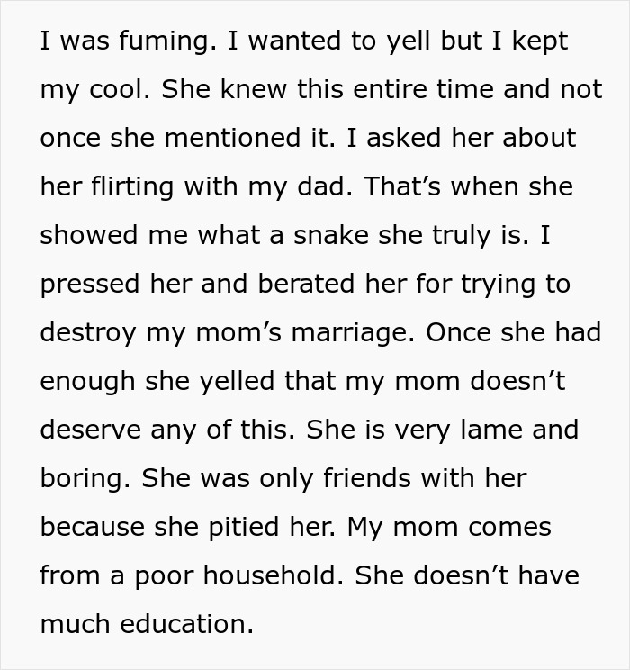 Text excerpt describing a daughter confronting her best friend&rsquo;s betrayal and her mom pushing to preserve their friendship despite conflict.