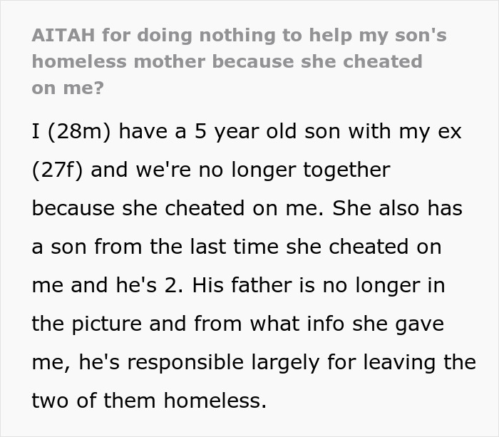 A screenshot of a reddit post asking "AITAH for doing nothing to help my son's homeless mother because she cheated on me?". The post explains a father's dilemma regarding his ex and her child, linking to the main SEO keyword: "Dad refuses to play savior".