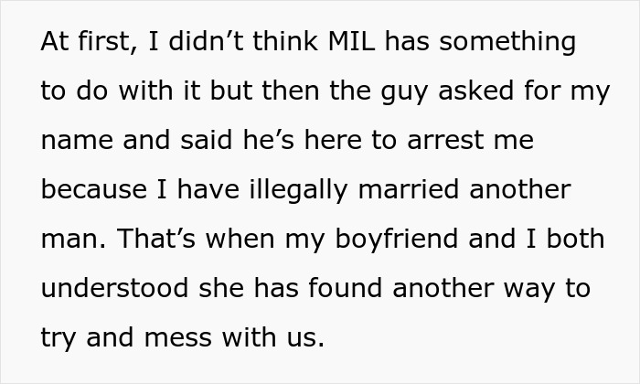 Text excerpt describing a homophobic MIL trying to get her son’s boyfriend arrested by a fake cop impersonator.