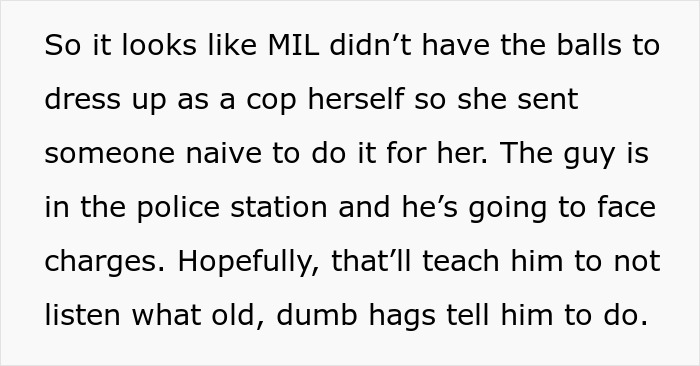 Text discussing a homophobic MIL sending a fake cop to arrest son’s boyfriend, who is a real police officer himself.