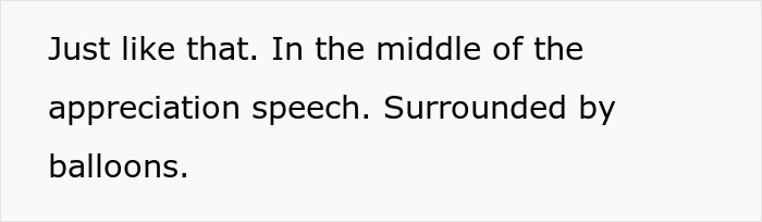 Employee giving appreciation speech surrounded by colorful balloons at company celebration with lunch and no raises announced