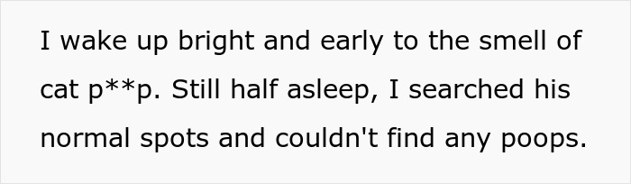 Text excerpt describing a woman waking up early to the smell of cat waste, related to adopting a senior cat and tapeworm issues.