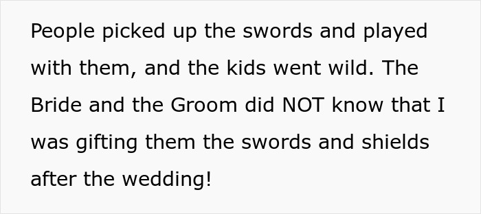 Text excerpt about people playing with swords and kids going wild, mentioning bride and groom unaware of sword and shield gifts after wedding.