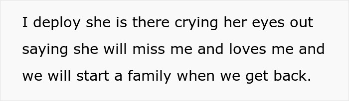 Text on a white background expressing a deployed soldier’s wife crying and promising to start a family after his return.