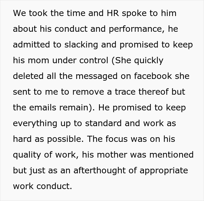 Text excerpt discussing kid work and mother fired related to employee conduct and performance review with HR. Text excerpt discussing kid work and mother fired related to employee conduct and performance review with HR.