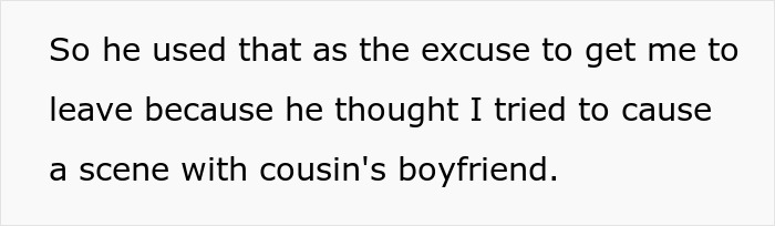 Text on screen, "So he used that as the excuse to get me to leave because he thought I tried to cause a scene with cousin's boyfriend." Groom throws out his own sis, bride picked the dress.