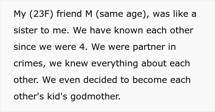 Text describing a close friendship between two women since childhood and a mom urging her daughter not to ruin friendship over a boy.