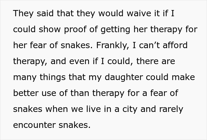 Parent explaining school suspending daughter over fear of snakes, unable to afford therapy, living in a city with rare snake encounters. Parent explaining school suspending daughter over fear of snakes, unable to afford therapy, living in a city with rare snake encounters.