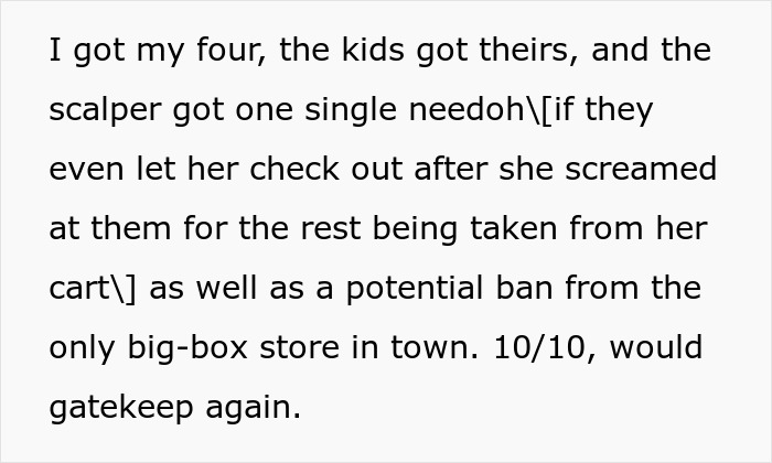 Text showing a social media post about a scalper losing bulk items, getting banned, and police involvement at a store. Text showing a social media post about a scalper losing bulk items, getting banned, and police involvement at a store.