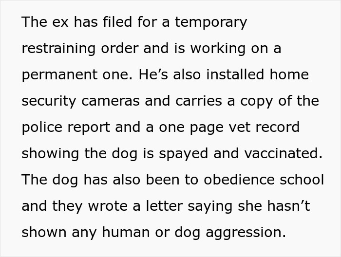 Text about ex filing restraining order and providing dog records including vet and obedience school certification.