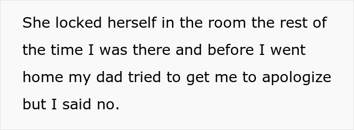 Text reads: She locked herself in the room the rest of the time I was there and before I went home my dad tried to get me to apologize but I said no. This depicts a moment of conflict regarding the Pregnant GF.