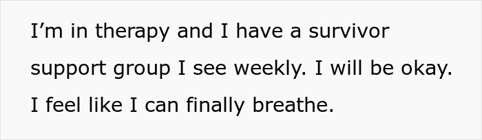 Text showing a therapy and survivor support group update, expressing hope and relief after difficult emotional moments.