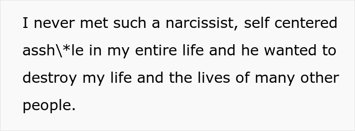 Text excerpt: "I never met such a narcissist, self-centered assh*le in my entire life and he wanted to destroy my life and the lives of many other people," reflecting an employee's perfect revenge on a horrible boss.