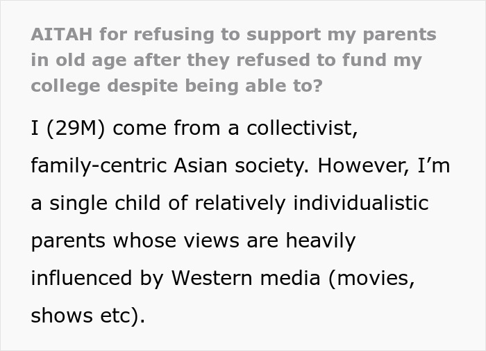 Text excerpt about a couple pushing son to be independent at 18, shocked when he won&rsquo;t support them later in life.