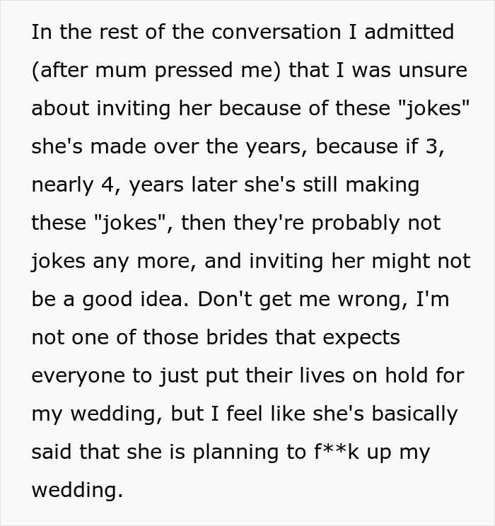 Text excerpt discussing a woman worried her sister might sabotage her wedding due to past incidents and jokes.