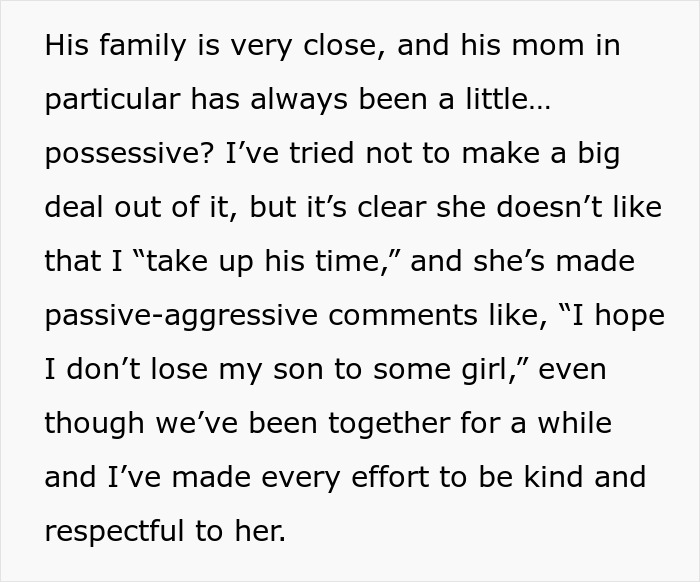 Text excerpt discussing possessive behavior of boyfriend&rsquo;s mom and resulting tension at birthday party.