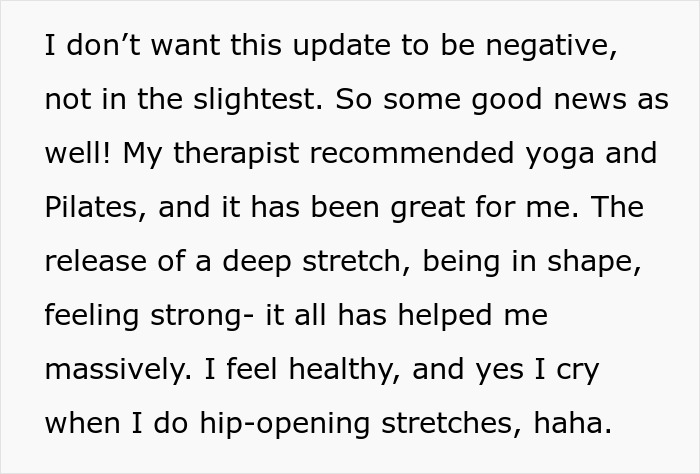 Text excerpt discussing therapist-recommended yoga and Pilates helping mental health and strength, with hip-opening stretches mentioned.