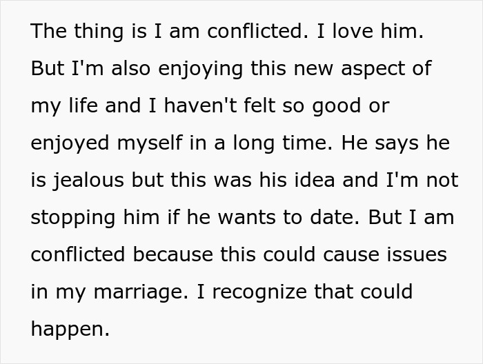 Text excerpt from a woman discussing conflicting feelings and rediscovering herself after husband proposes open marriage. Text excerpt from a woman discussing conflicting feelings and rediscovering herself after husband proposes open marriage.