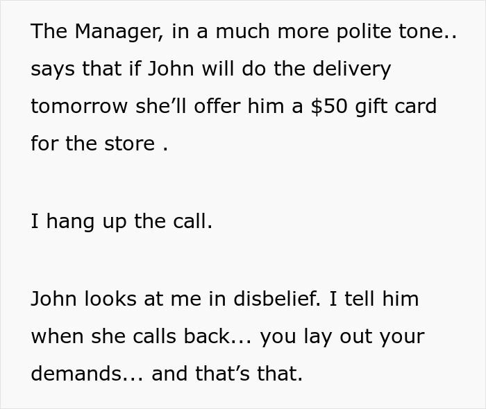 Text excerpt showing a manager offering a $50 gift card for delivery, highlighting support for an overworked and underpaid friend.