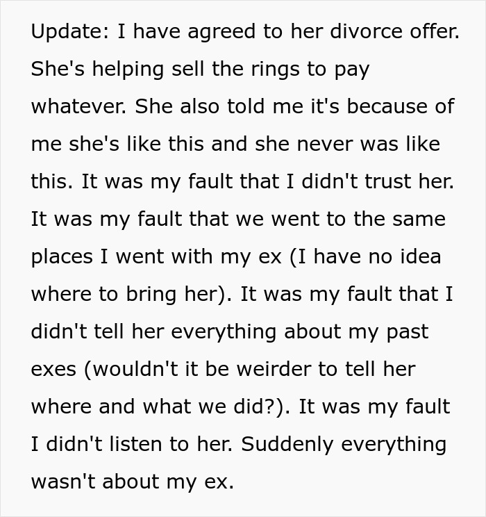 Alt text: Man reflects on divorce over wife's obsession with his low-class ex and trust issues after two months of marriage.